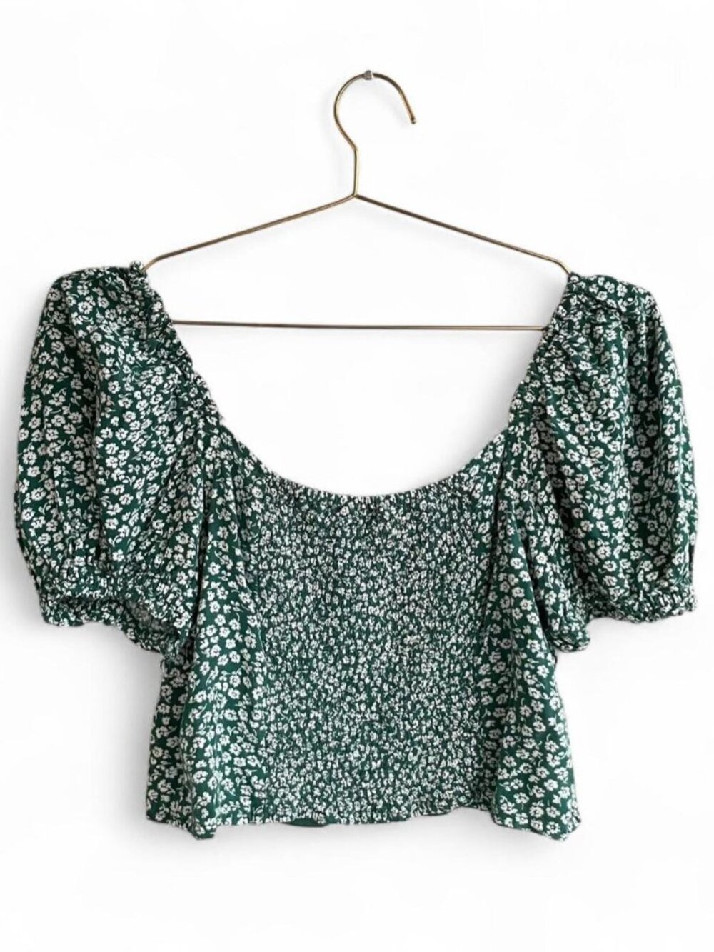 Green Ditsy Floral Puff Sleeve Smocked Crop Top – Square Neck Cottagecore Blouse